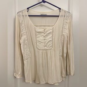american eagle outfitters • size L • cream blouse with lace overlay & stitching
